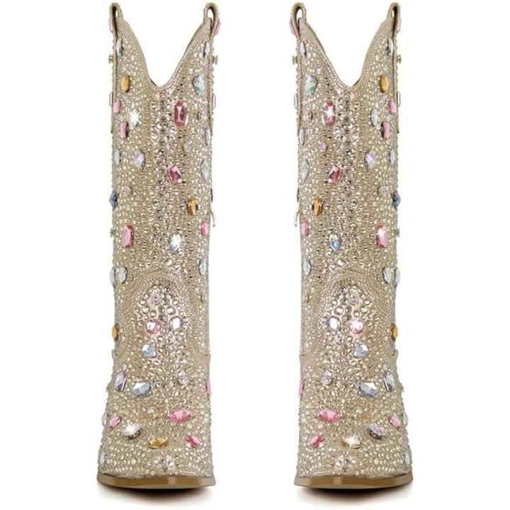 Richealnana Womens Size 11 Sparkly Rhinestone Calf High Cowboy Western Boots