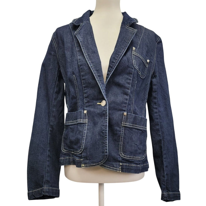 Premium Denim Womens Large Single Breasted One Button Jean Blazer Jacket