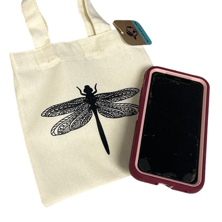 New Hand Printed Dragonfly Double Sided Handle Super Mini Canvas Tote Gift Bag