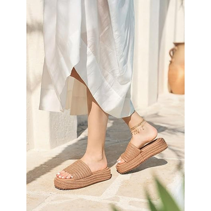 Coutgo Womens Size 8 Tan Raffia Espadrille SlipOn Open Toe Platform Sandal Shoes