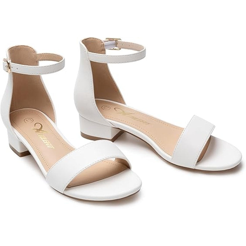 Athlefit Big Girls Size 4 White Open Toe Ankle Strap Low Heel Sandal Shoes