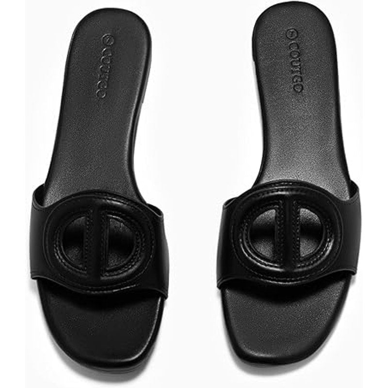 Coutgo Womens Size 7.5 Black Faux Leather Slide On Open Toe Dressy Flat Sandals