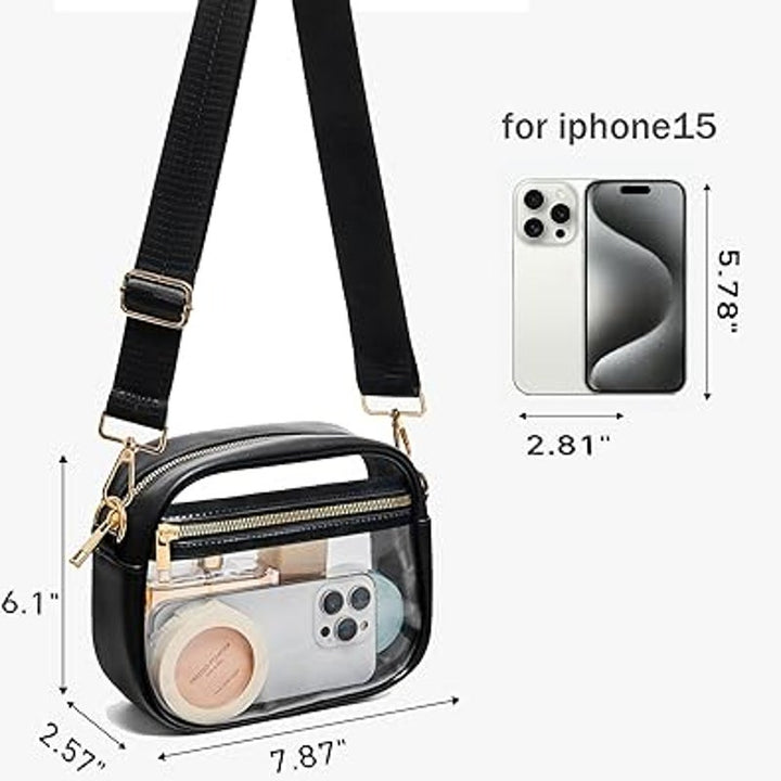 New Fibrdoo Black Faux Leather Trim Clear Stadium Approved Crossbody Purse Bag