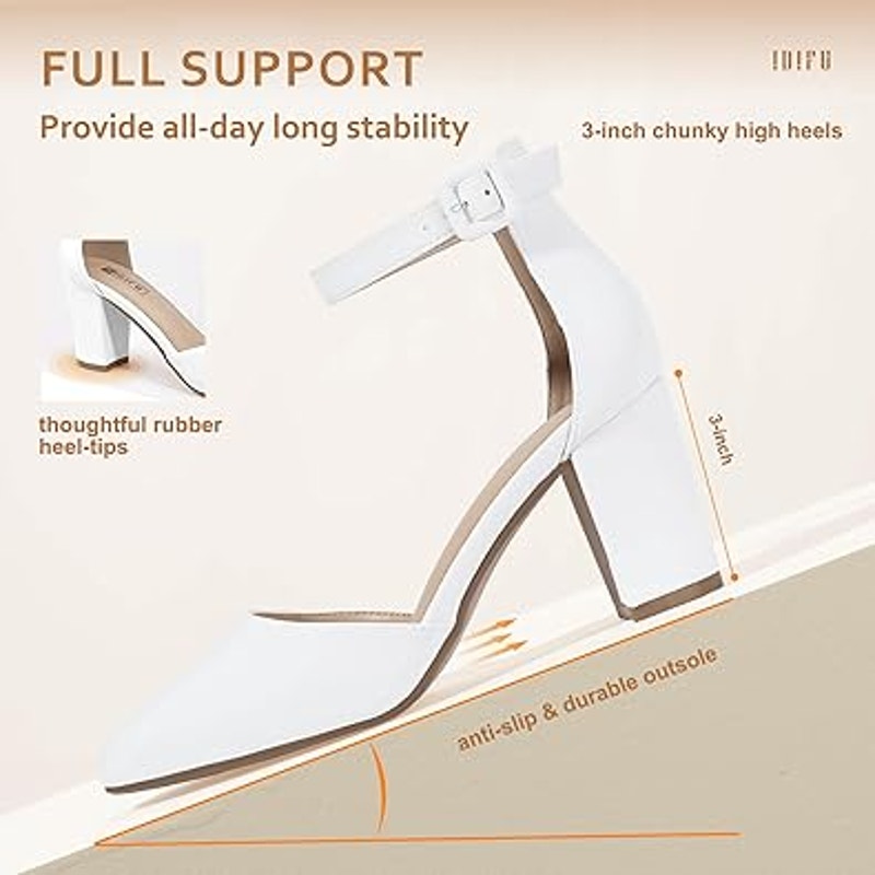 Idifu Womens Size 5.5 White Closed Toe 3" Chunky Heel Ankle Strap Wedding Shoes