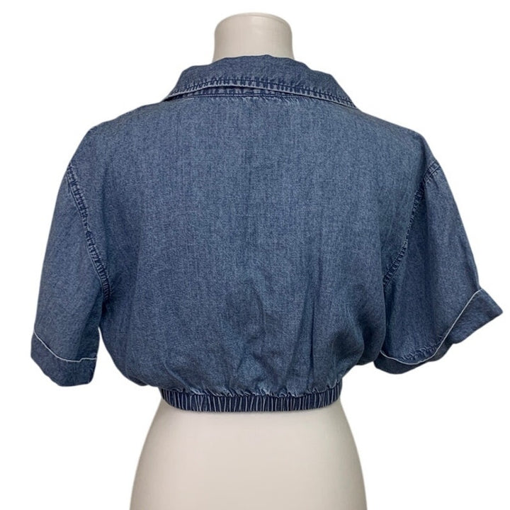 New Aerie Womens Small Short Sleeve Collared Deep V Neck Stretch Denim Top
