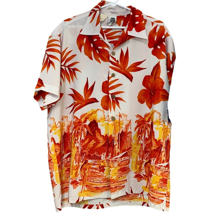 Lot of 2 Kennington Campia Mens Large Orange Floral Pineapple Button Up Shirts