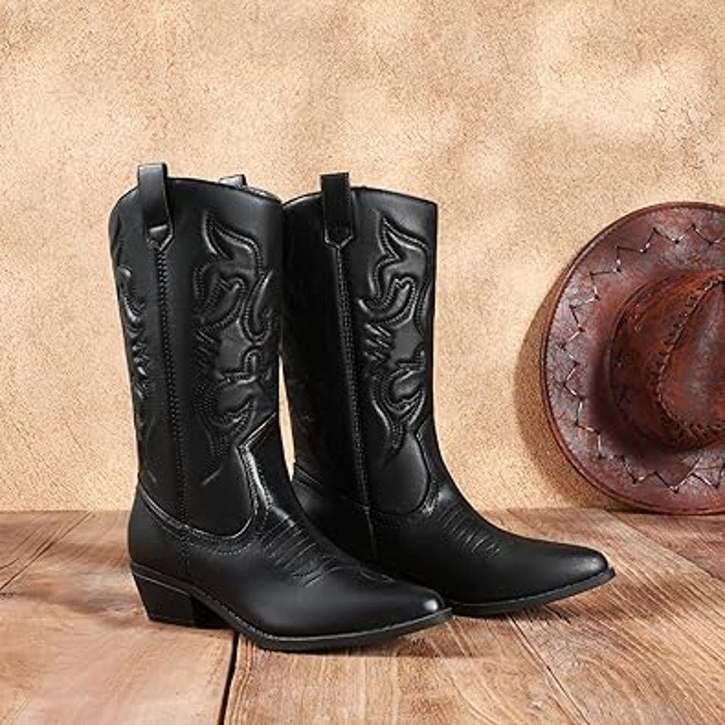 Dream Pairs Women Size 9.5 Black Faux Leather Mid Calf Western Cowboy Boot Shoes