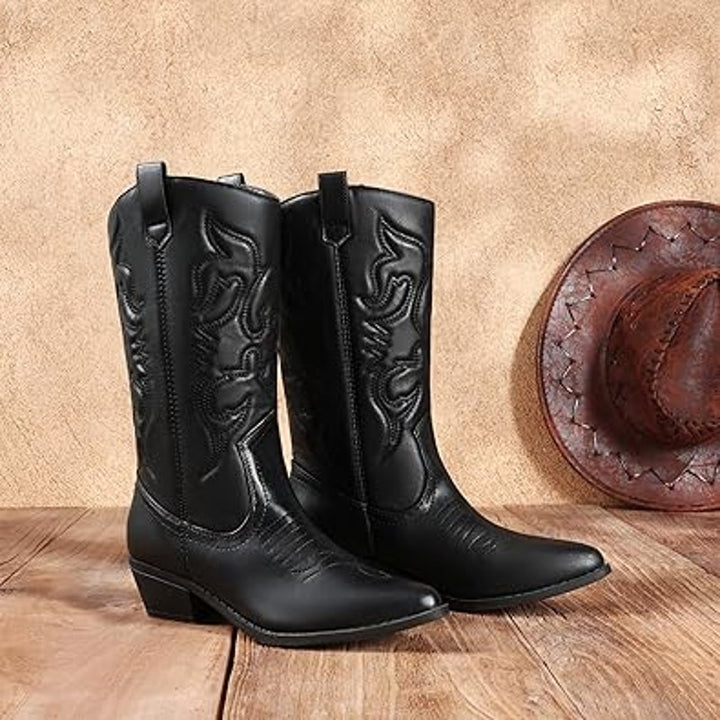 Dream Pairs Women Size 9.5 Black Faux Leather Mid Calf Western Cowboy Boot Shoes