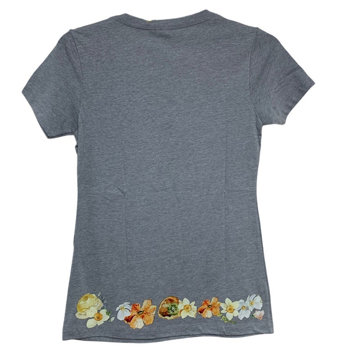 New Hand Printed Small Heathered Gray Floral Wrap Around Short Sleeve Tee Shirt