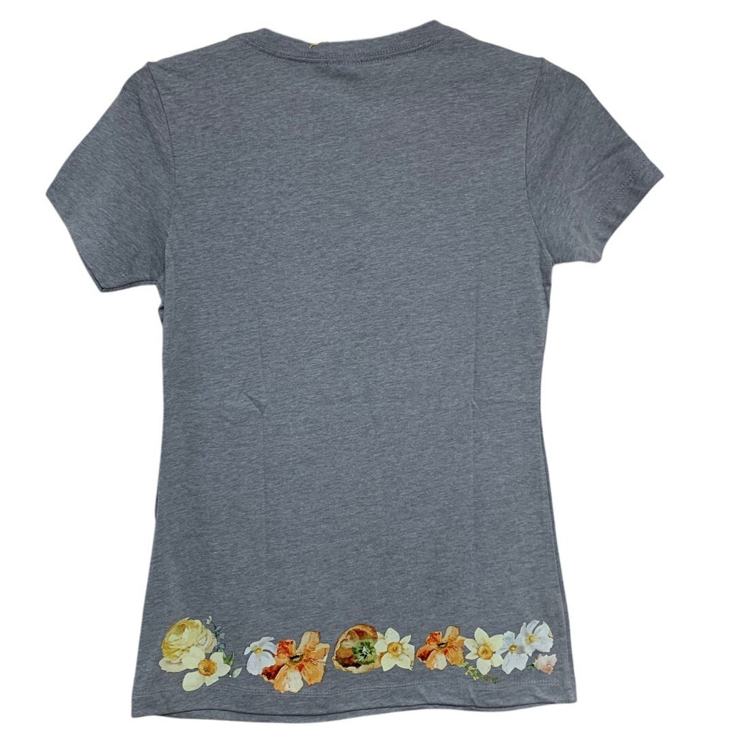 New Hand Printed Small Heathered Gray Floral Wrap Around Short Sleeve Tee Shirt