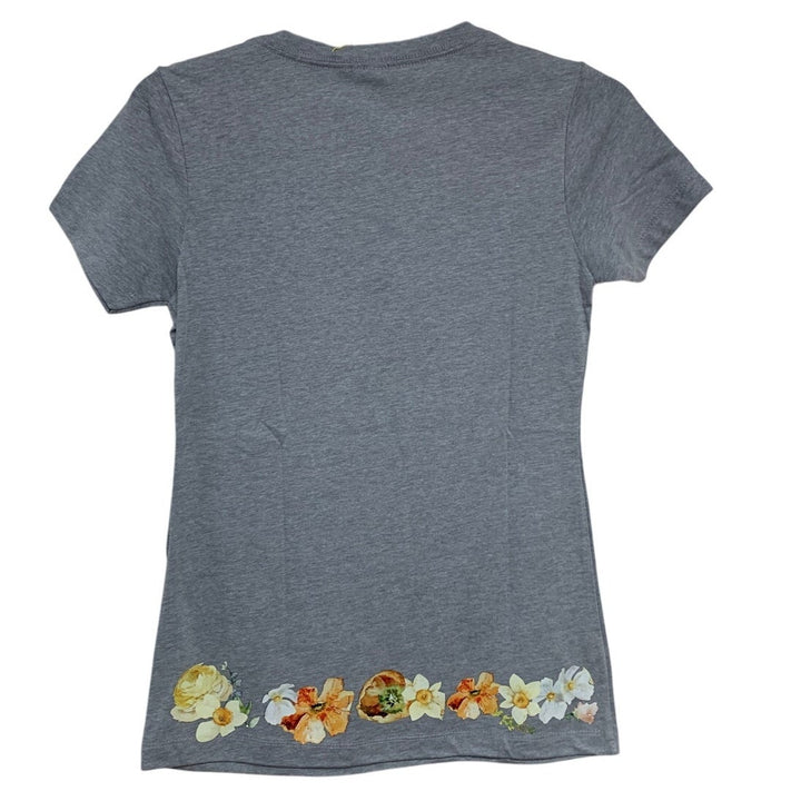 New Hand Printed Small Heathered Gray Floral Wrap Around Short Sleeve Tee Shirt