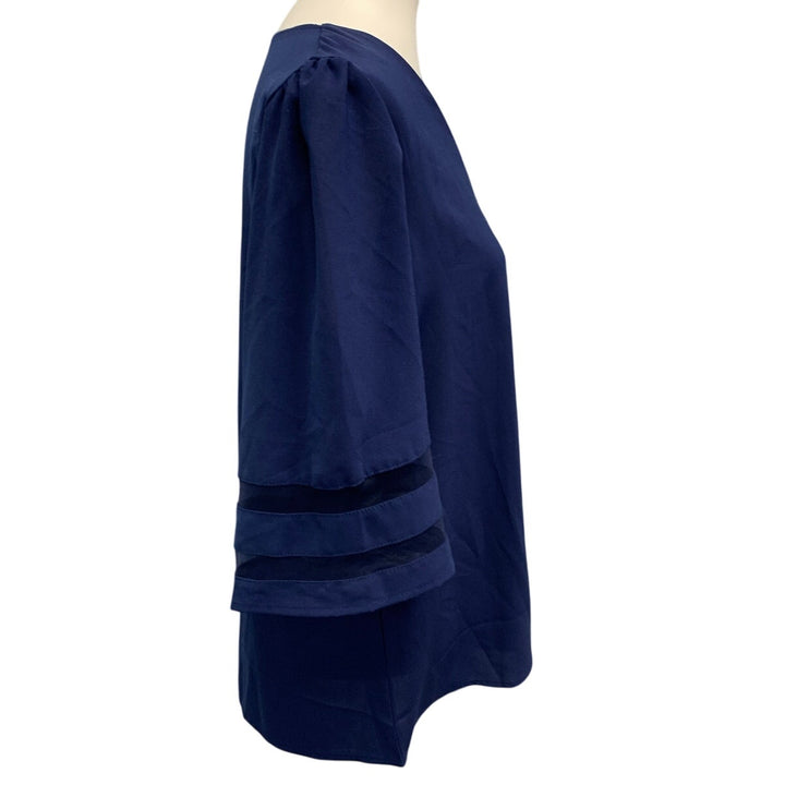 Womens Large Sheer Lightweight Deep V Neck Navy Blue Long Sleeve Top Blouse