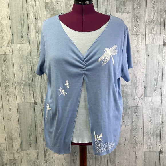 Hand Printed Upcycled Womens 26/28W Layer Look Dragonfly Short Sleeve Blouse Top