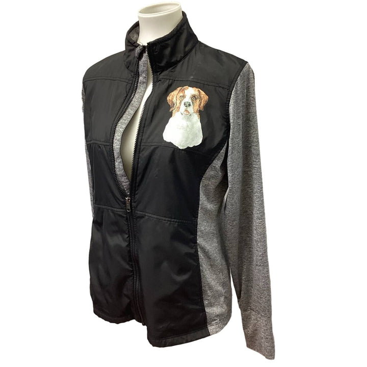 Hand Printed Womens Large Upcycled St Bernard Dog Long Sleeve Full Zip Jacket