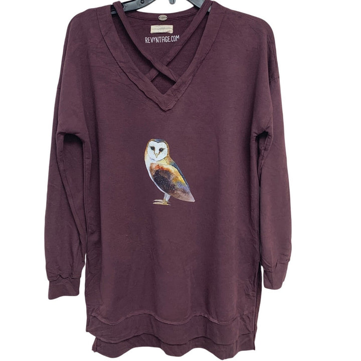 Upcycled Hand Printed Womens Large Woodland Owl Bird Long Sleeve Tee Shirt