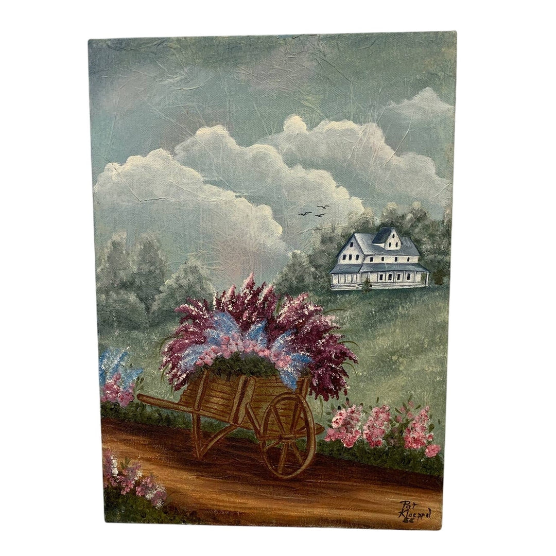 Vintage 1988 Pat Kloeppel Hand Painted Wheelbarrow Flower Canvas Wall Artwork
