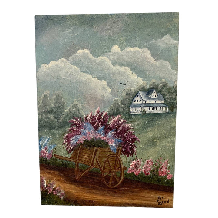 Vintage 1988 Pat Kloeppel Hand Painted Wheelbarrow Flower Canvas Wall Artwork