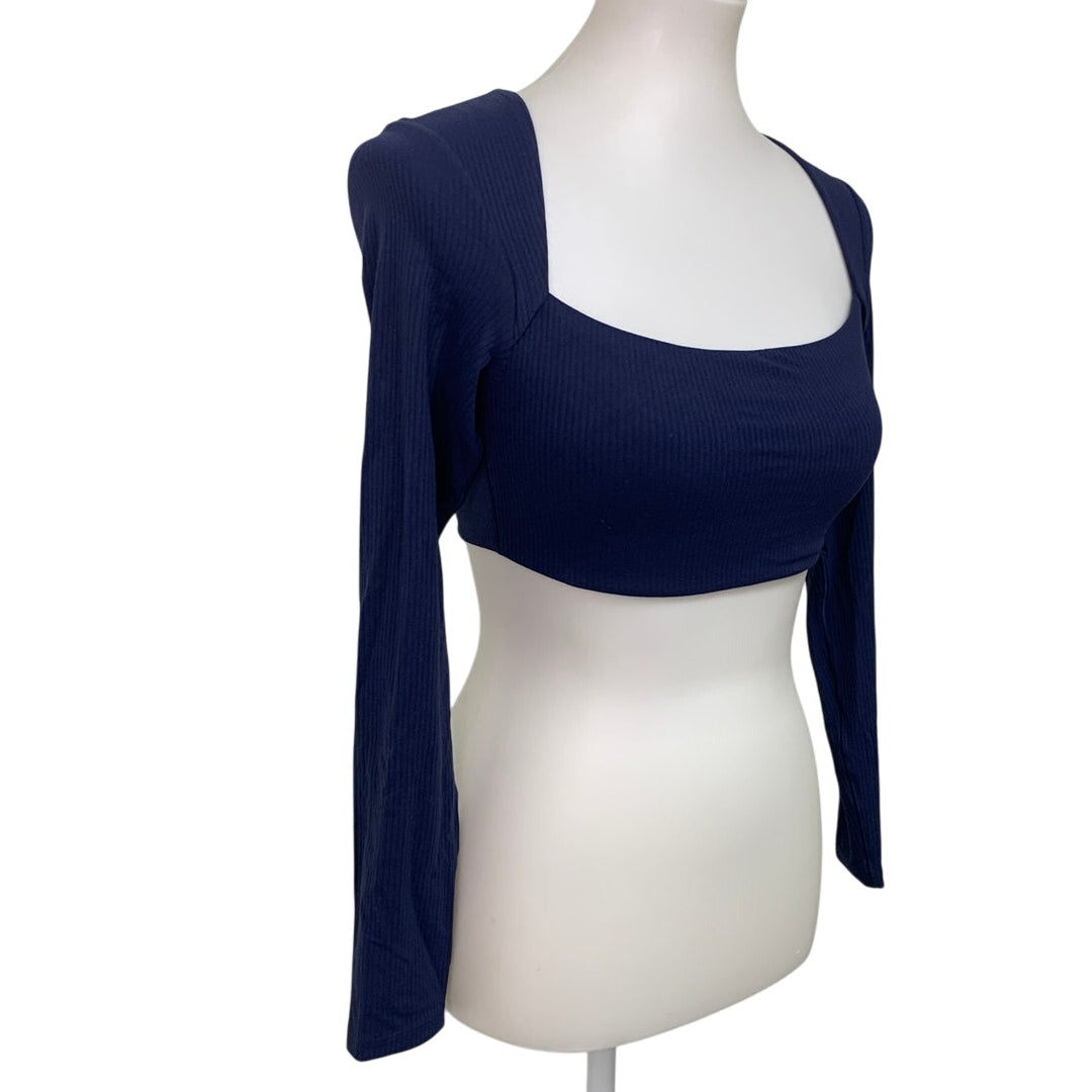 New OFFLINE By Aerie Womens Small Real Me XTRA Ribbed Navy Long Sleeve Bra Top