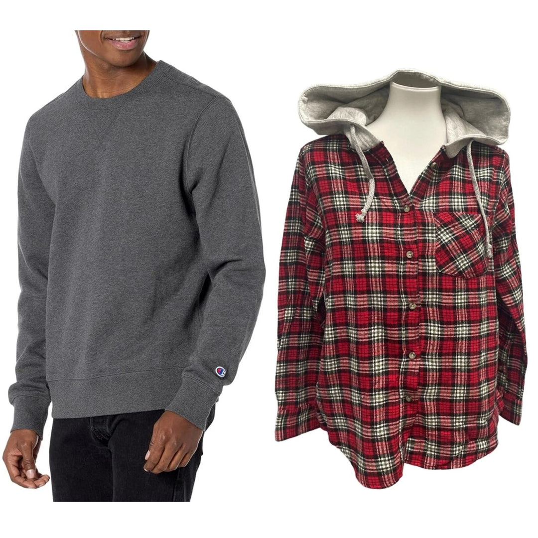New Champion Unisex Small Gray Pullover Sweatshirt w Bonus Plaid Flannel Hoodie