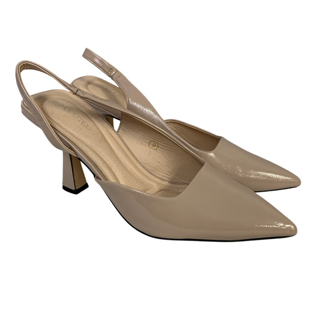 Coutgo Womens Size 9 Tan Khaki 3.5" Heels Closed Pointed Toe Slingback Shoes