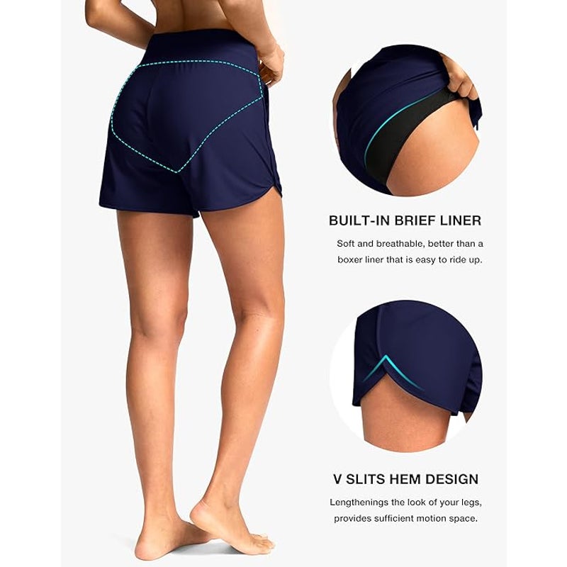 NWT New G Gradual Womens XL Navy High Waisted Drawstring Waist Lined Swim Shorts