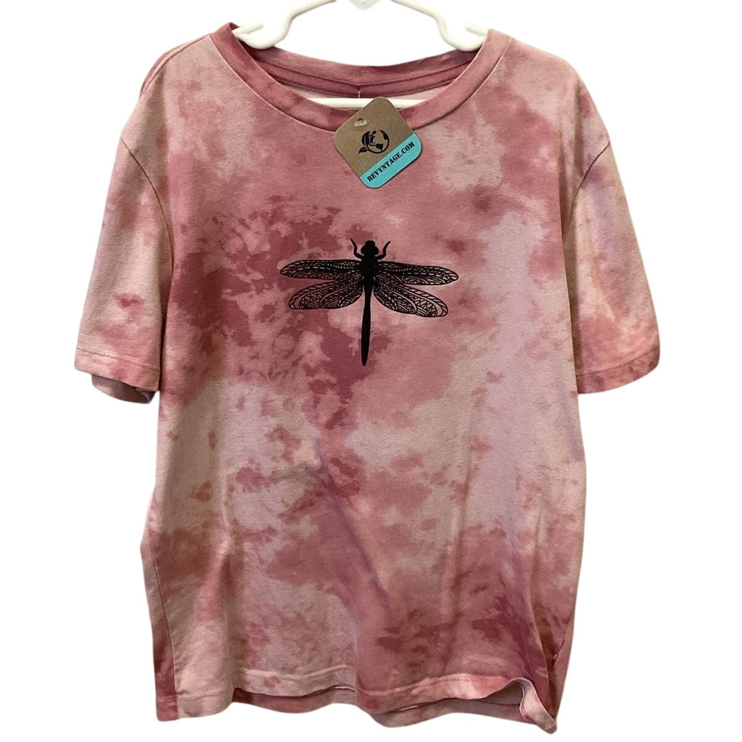 Hand Printed Upcycled Youth Large Dragonfly Short Sleeve Tie Dyed Tee Shirt