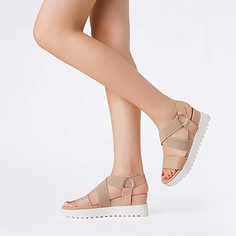 Dream Pairs Womens Size 11 Tan White Elastic Ankle Strap 2.5" Platform Sandals