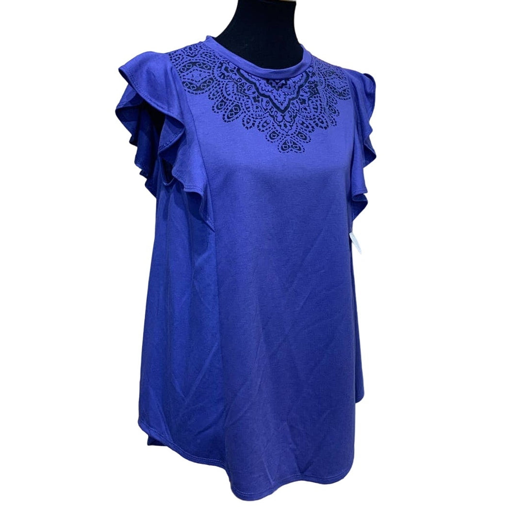 New Isabel Maternity Small Ruffled Sleeve Rayon Fancy Cut Out Flowy Blouse Top