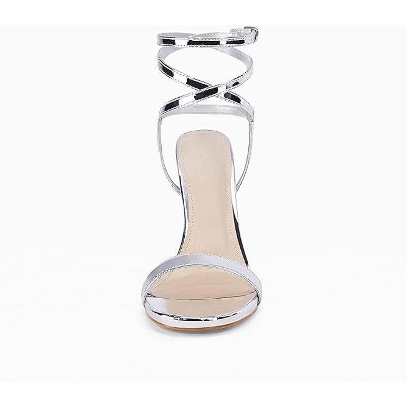 Coutgo Womens Size 9 Silver 4.75" Heels Open Round Toe Strappy Ankle Shoes