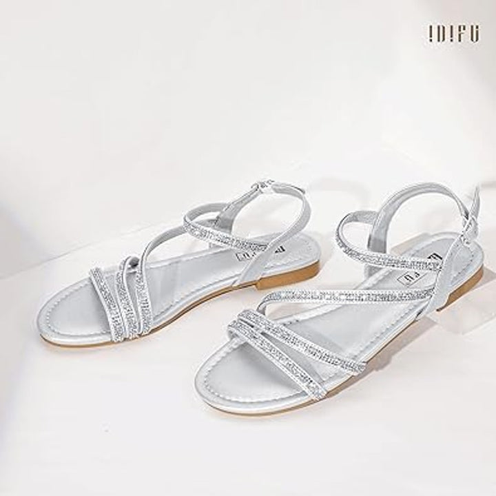New Idifu Womens Size 10 Silver Rhinestone Sparkle Open Toe Buckle Strap Sandals