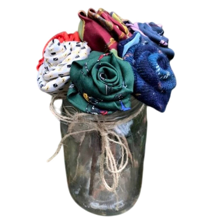 Handmade Upcycled Neck Tie Rainbow Valentine Flower Bouquet Mason Jar Vase Gift
