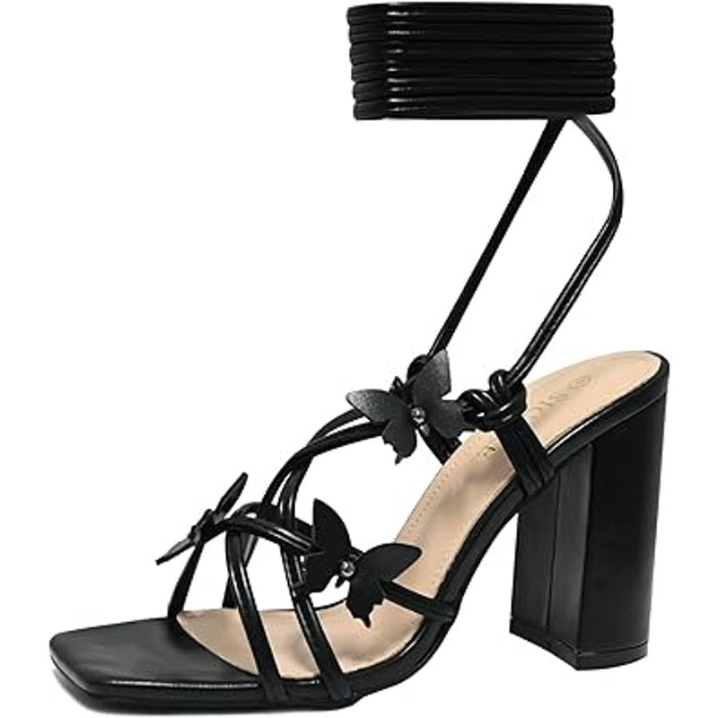 Sicare Womens 6 Black Butterfly Strappy 4" Block Heel Open Toe Ankle Wrap Shoes