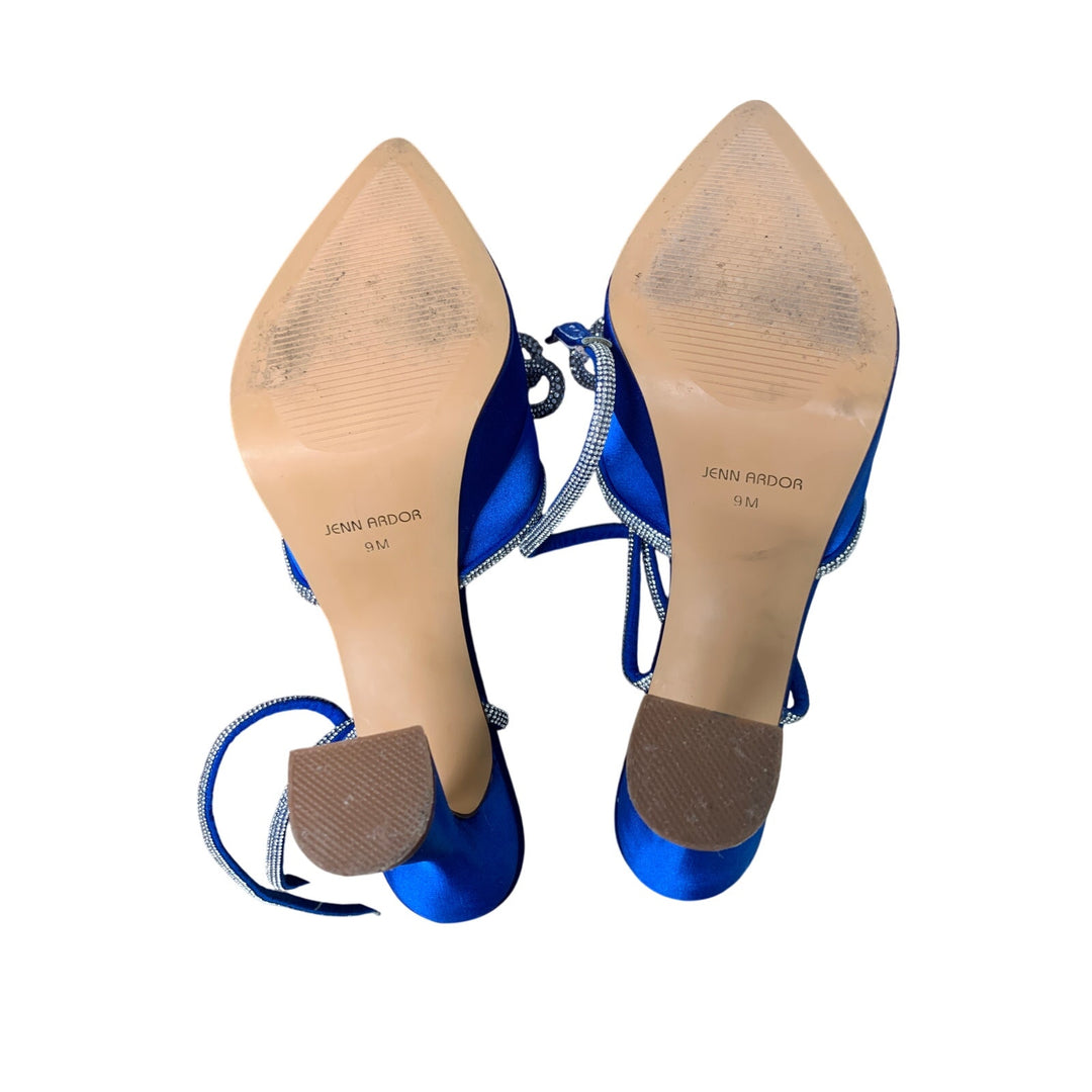 Jenn Ardor Womens Size 9 Blue Silver Bow 5" Heel Closed Toe Ankle Strap Shoes