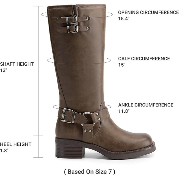 Dream Pairs Womens Size 8 Brown Faux Leather 2" Block Heel Knee High Moto Boots