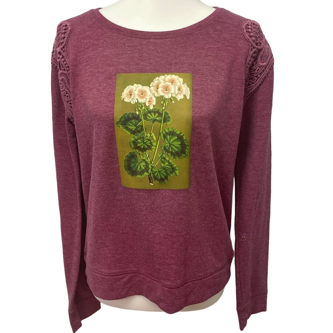 Hand Printed Womens Large Vintage Botanical Floral Lace Shoulder Crew Sweatshirt