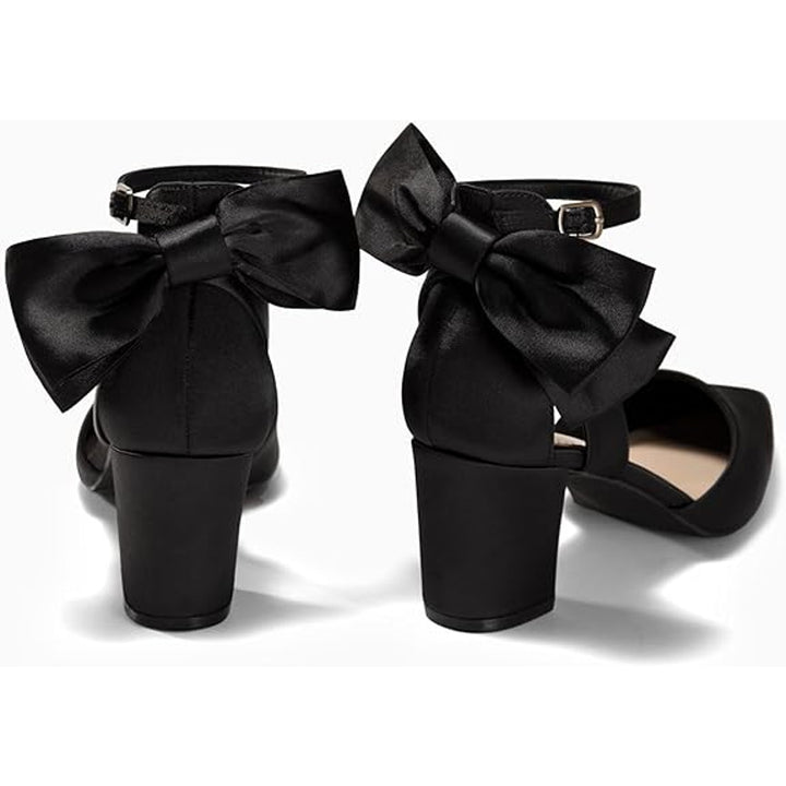 Coutgo Womens 7.5 Black 2.5" Heels Back Bow Closed Pointed Toe Ankle Strap Shoes