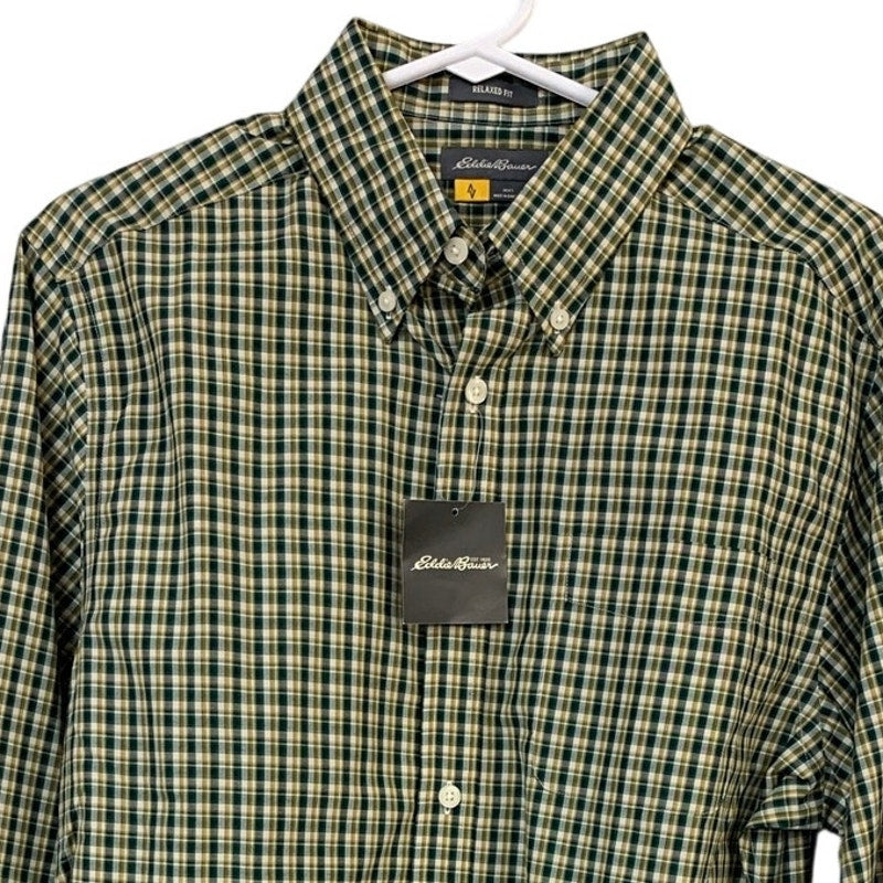 New Eddie Bauer Mens Small Dark Pine Long Sleeve Plaid Getaway Button Down Shirt