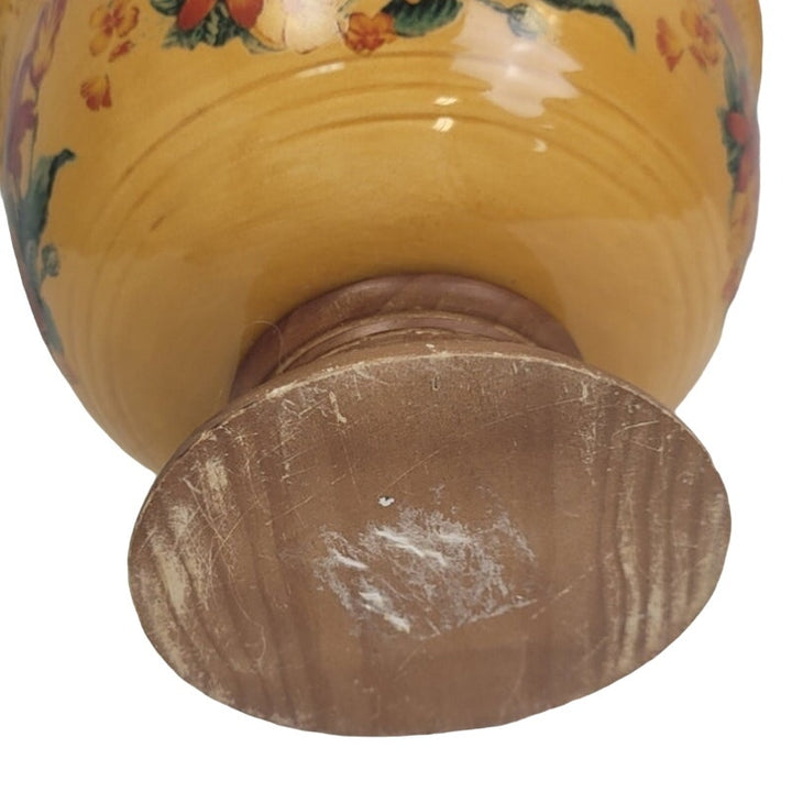 Vintage Orange Lily Marigold Flowers Painted Ceramic Wooden Footed Bowl