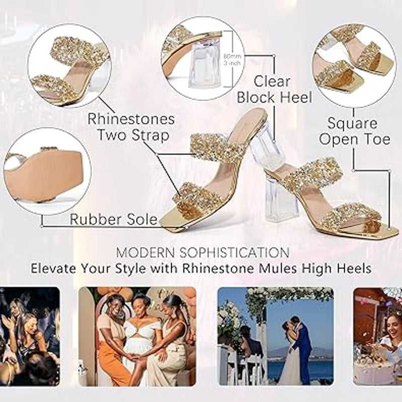 Genshuo Womens Size 9 Gold Silver Sparkle Clear 3.5" Heel Silde On OpenToe Shoes