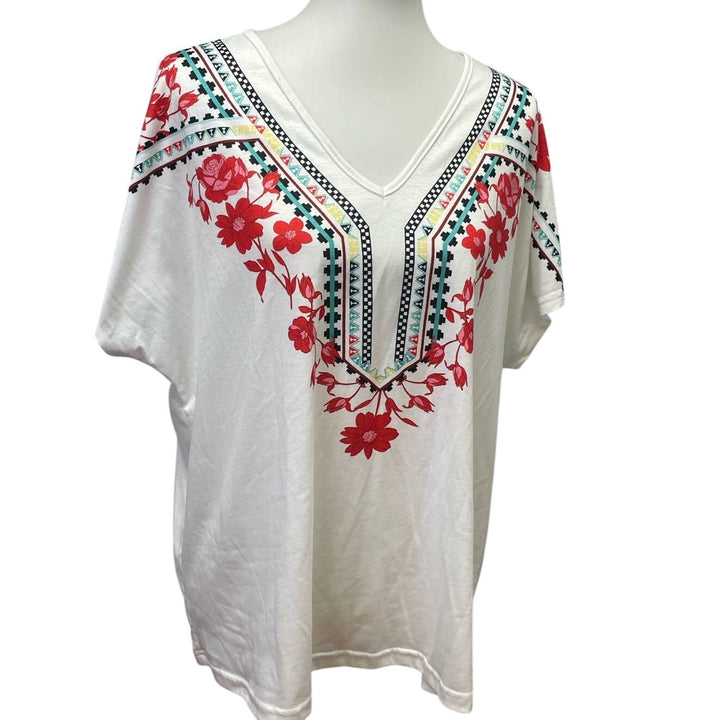 SHEIN Curvy Plus Size 1XL Short Sleeve Polyester Blend Floral V-Neck Tee Shirt
