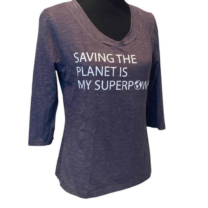 Hand Printed Upcycled Womens Large Saving the Planet Superpower Active Tee