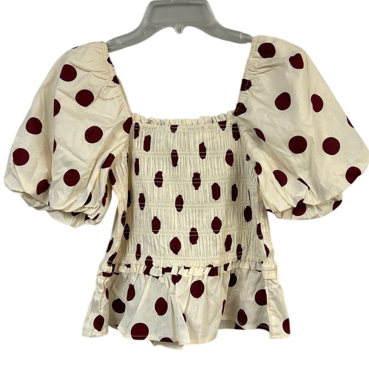 New Francescas Womens Small Cream Burgundy Polka Dot Stretch Cotton Smocked Top