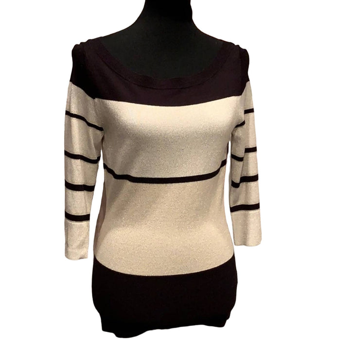 WHBM White House Black Market Small Black Striped Gold Sparkle Boatneck Sweater