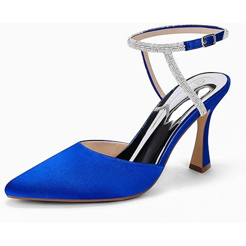 Coutgo Womens Size 8.5 Royal Blue Satin 3.5" Heel Closed Toe Ankle Strap Shoes