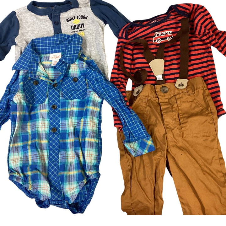 Lot of 6 Boys 12 Months Carters Cat &amp; Jack Plaid Stripe Top Overalls Brown Pants
