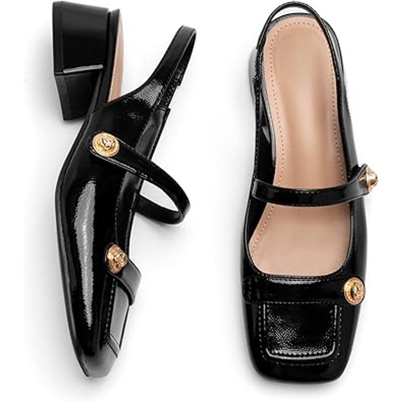 Womens Size 10 Black Faux Leather Slingback Mary Jane 1.75" Block Heel Shoes