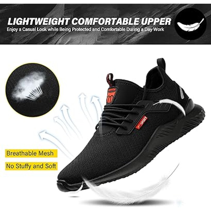 Ulogu Mens 7 Black Mesh Steel Toe Waterproof Puncture Proof Lace Up Work Shoes