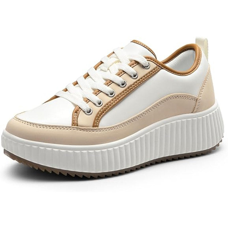 Dream Pairs Women Size 7.5 White Tan Faux Leather Lace Up Platform Sneaker Shoes