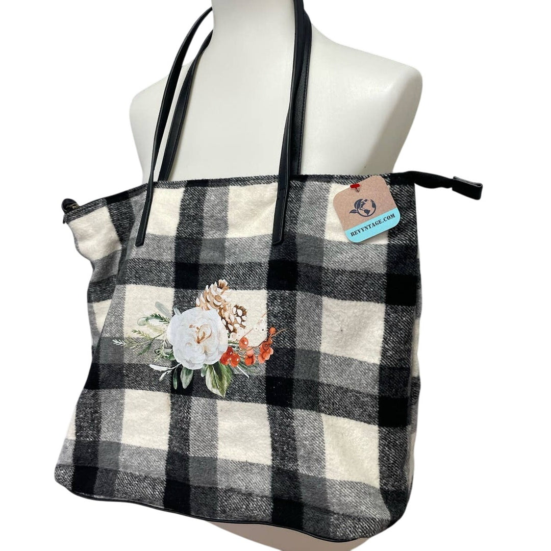 Hand Printed Upcycled Christmas Rose Floral Pine Cone Plaid Shoulder Tote Bag