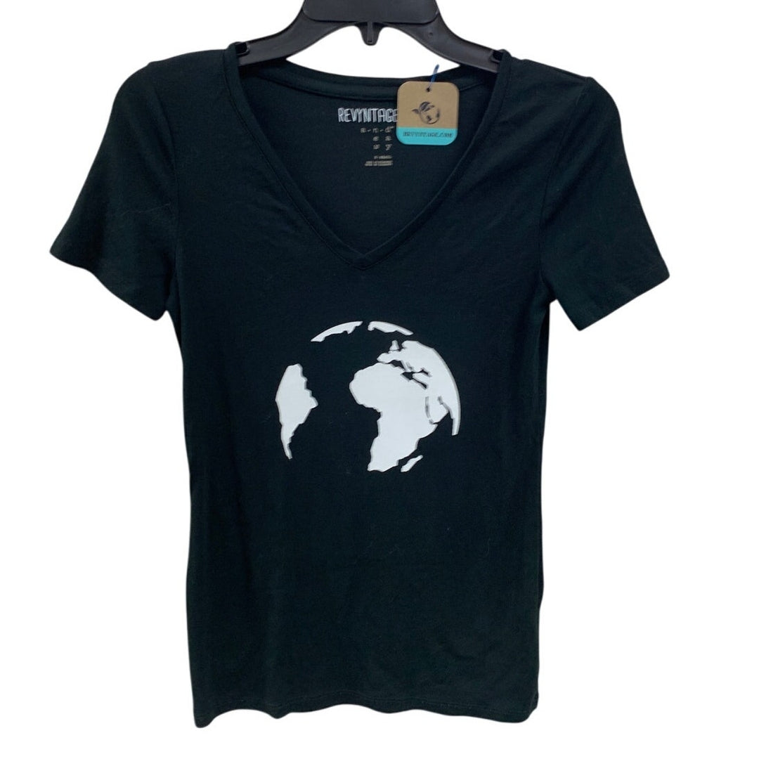 Upcycled Hand Printed Womens XS Black Save the Planet Earth Short Sleeve T Shirt